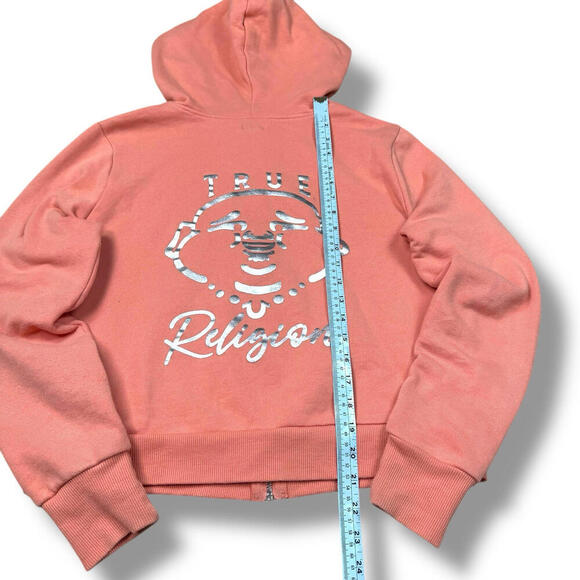 True Religion Pink Zip Hoodie M Metallic Logo Cropped Peach Pink  Y2K Streetwear - Picture 8 of 8